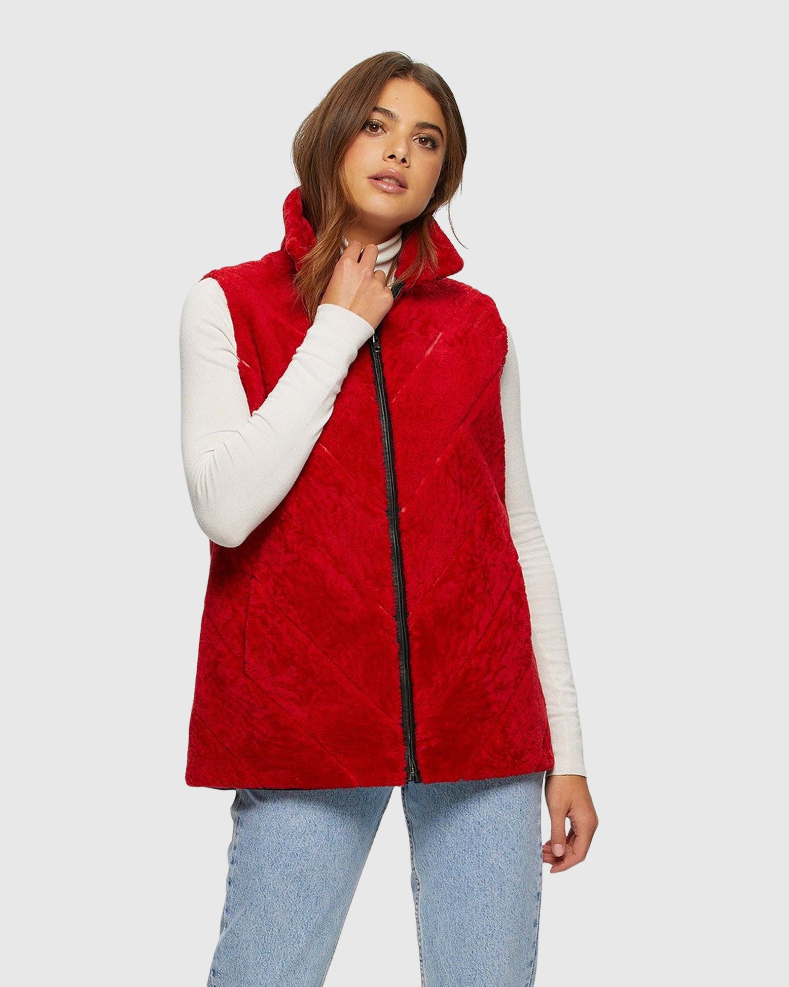 Textured Shearling Lamb Zip Vest Reversible To Taffeta | Red/Black