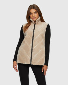 Textured Shearling Lamb Zip Vest Reversible To Taffeta | Beige/Dark Brown
