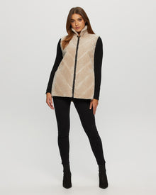 Tetured Shearling Lamb Zip Vest Reversible To Taffeta | Women | Beige x Dark Brown