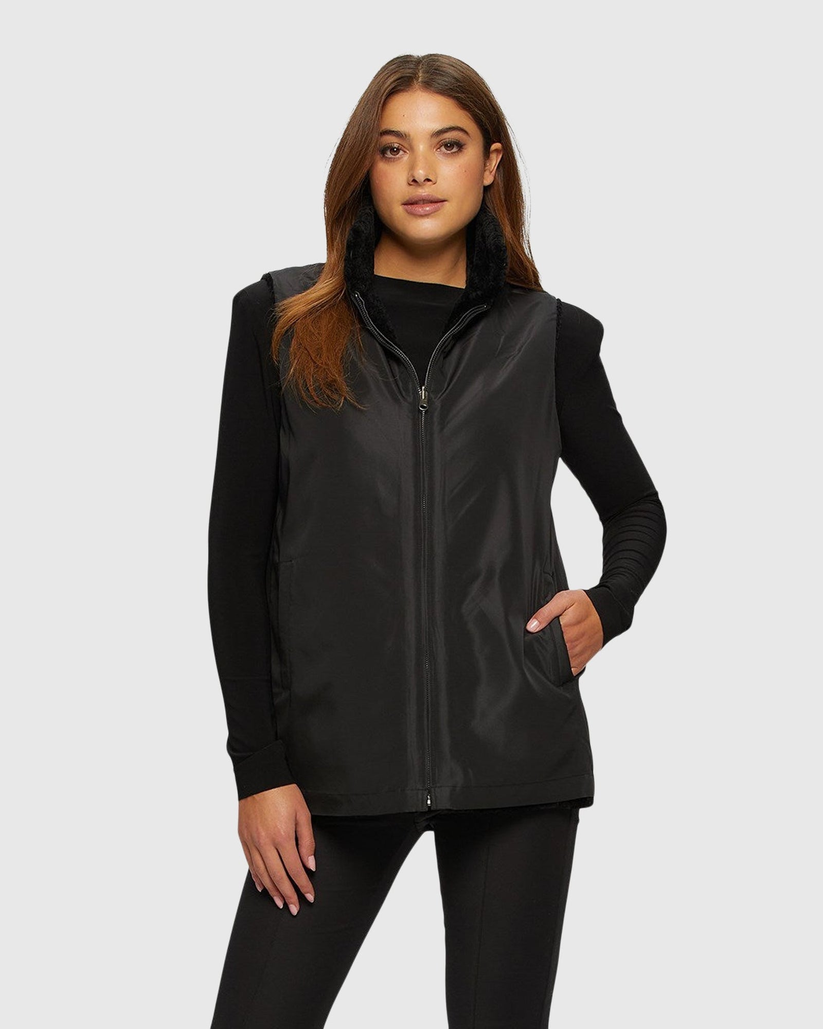 Textured Shearling Lamb Zip Vest Reversible To Taffeta | Black/Black