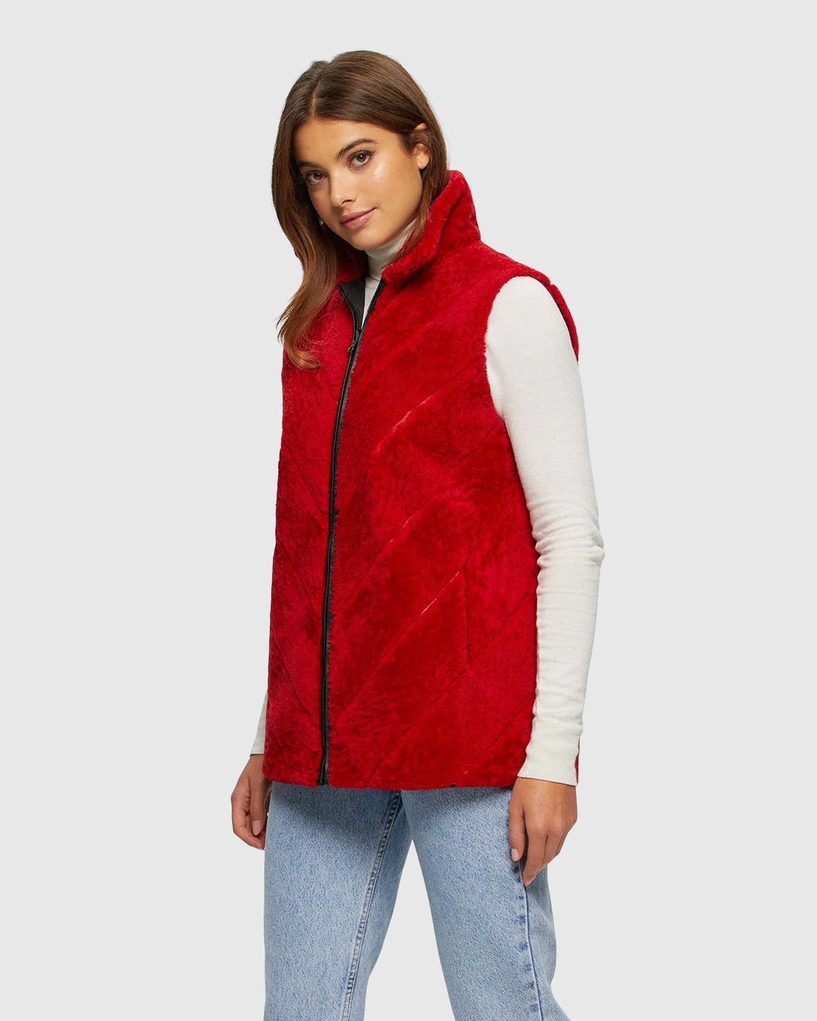 Textured Shearling Lamb Zip Vest Reversible To Taffeta | Red/Black
