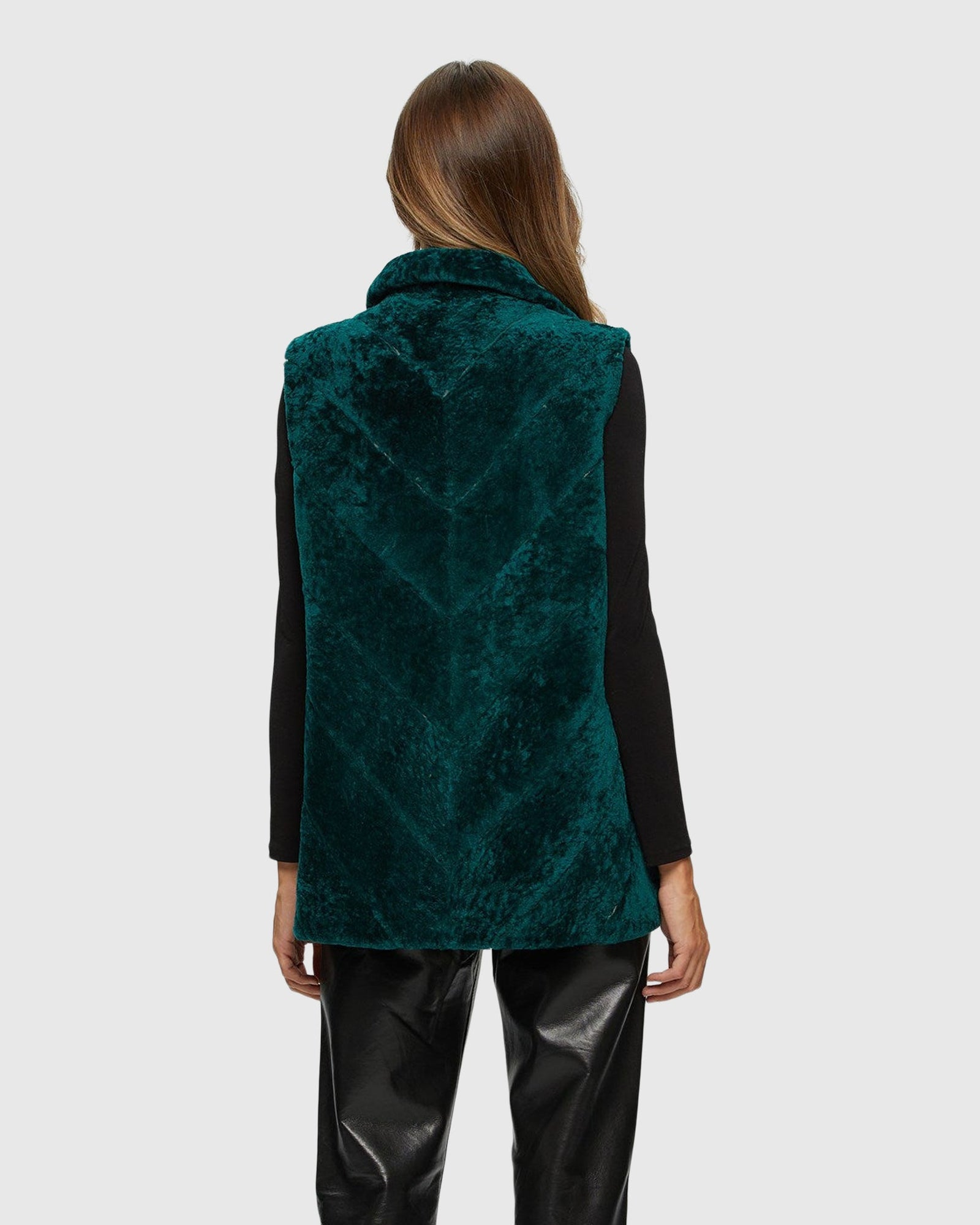 Textured Shearling Lamb Zip Vest Reversible To Taffeta | Emerald/Black