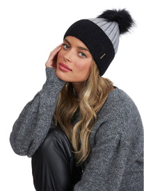 Two Tone Hat With Fo Pompom | Women | Black x Gray x Black