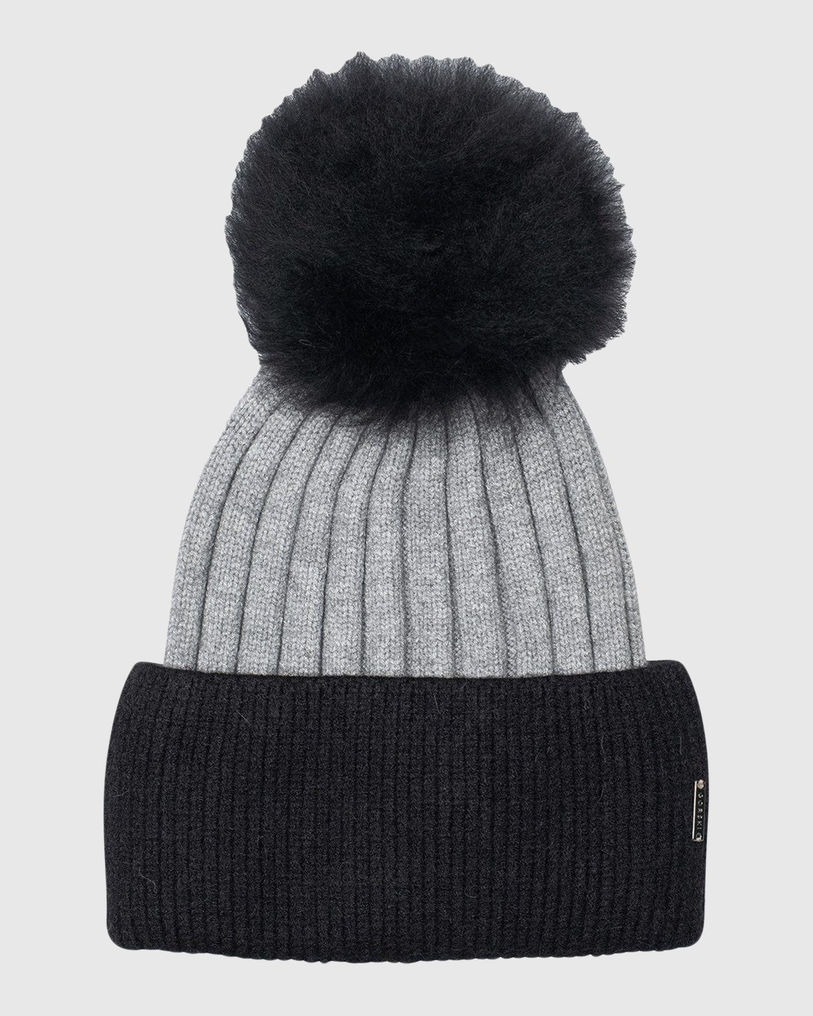 Two-Tone Knit Hat with Toscana Shearling Lamb Pompom | Black/Gray/Black
