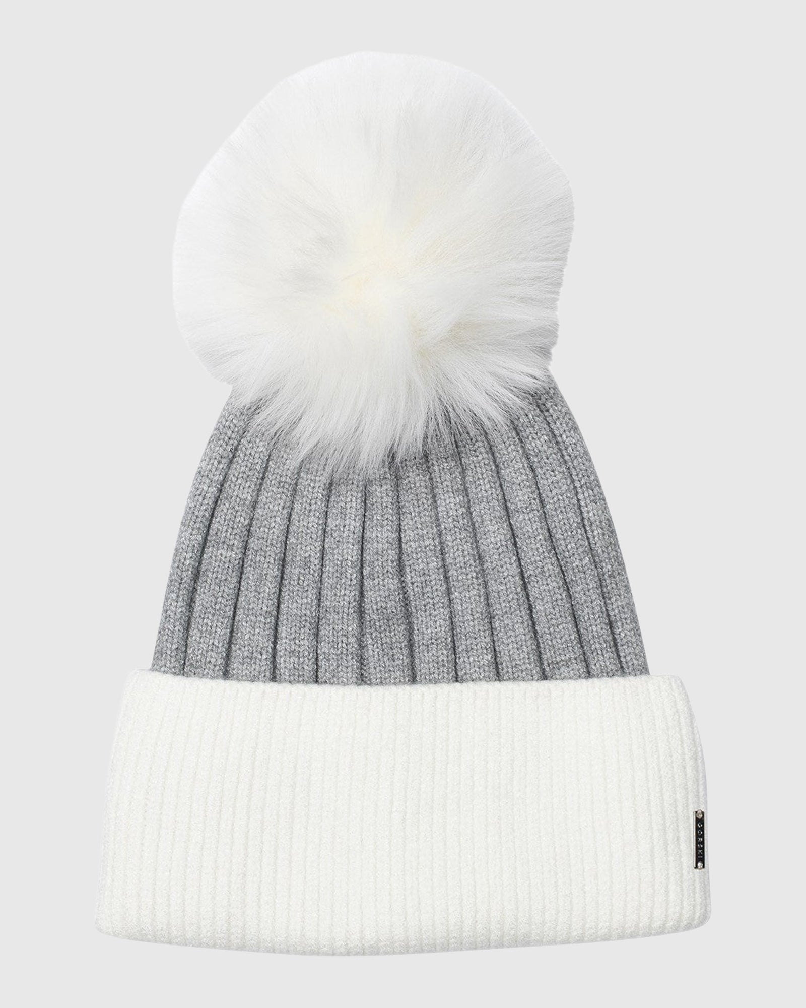 Two-Tone Knit Hat with Toscana Shearling Lamb Pompom | White/Gray/White