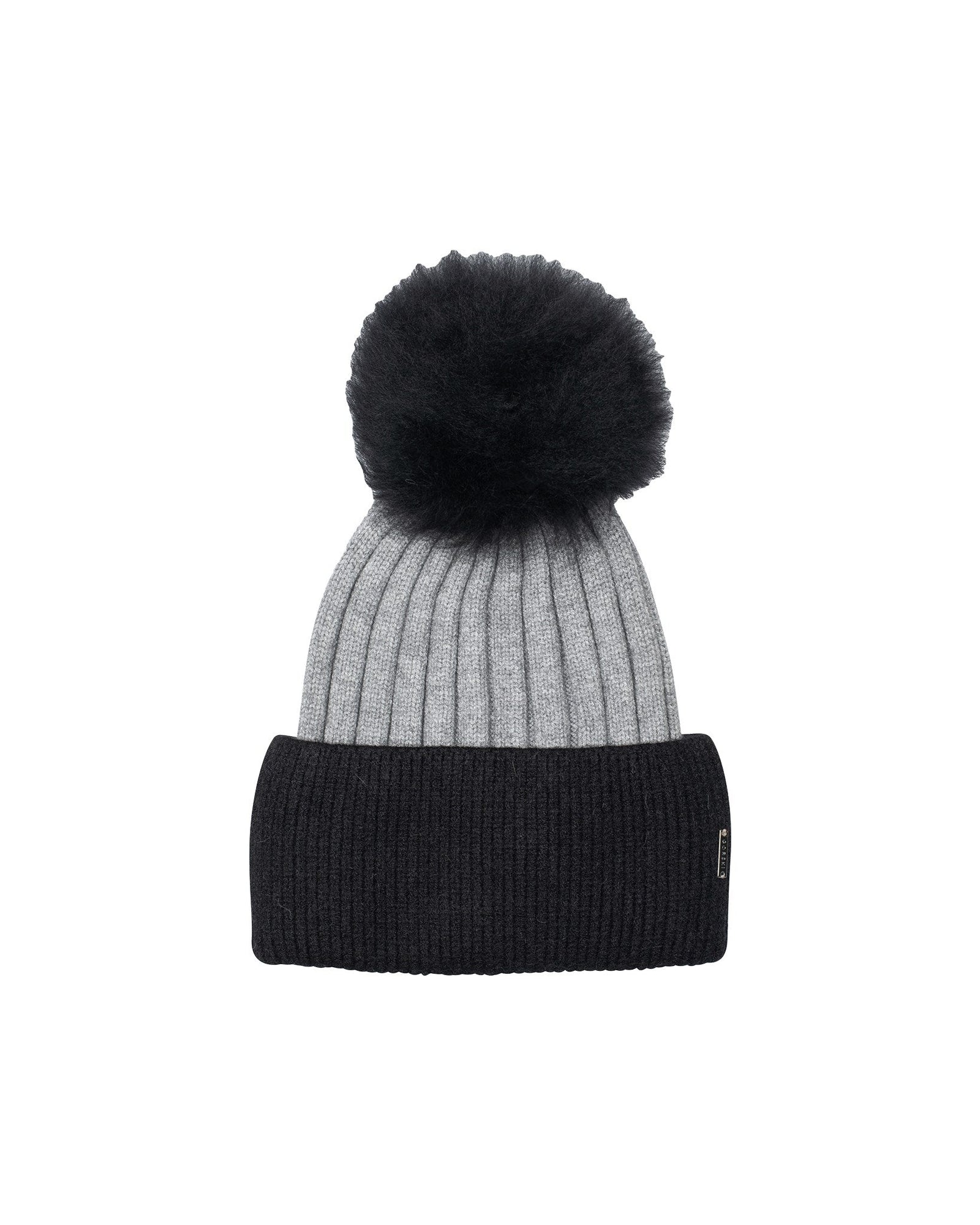 Two-Tone Knit Hat With Toscana Shearling Lamb Pompom | Women | Black x Gray x Black