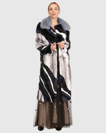 Wave Intarsia Mink Short Coat With Detachable Sable Collar | Cross/Black/White/Denim/Sky
