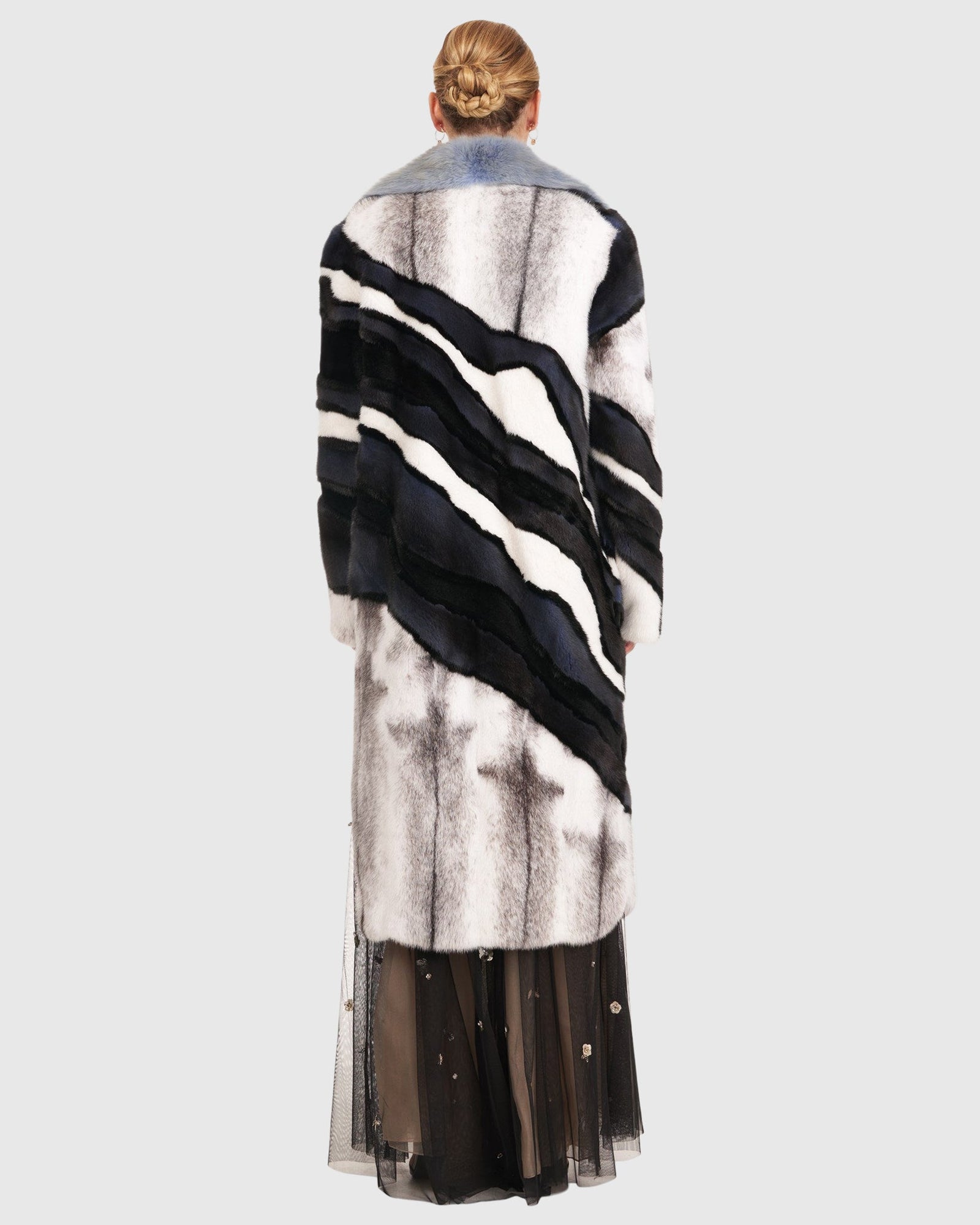 Wave Intarsia Mink Short Coat With Detachable Sable Collar | Cross/Black/White/Denim/Sky