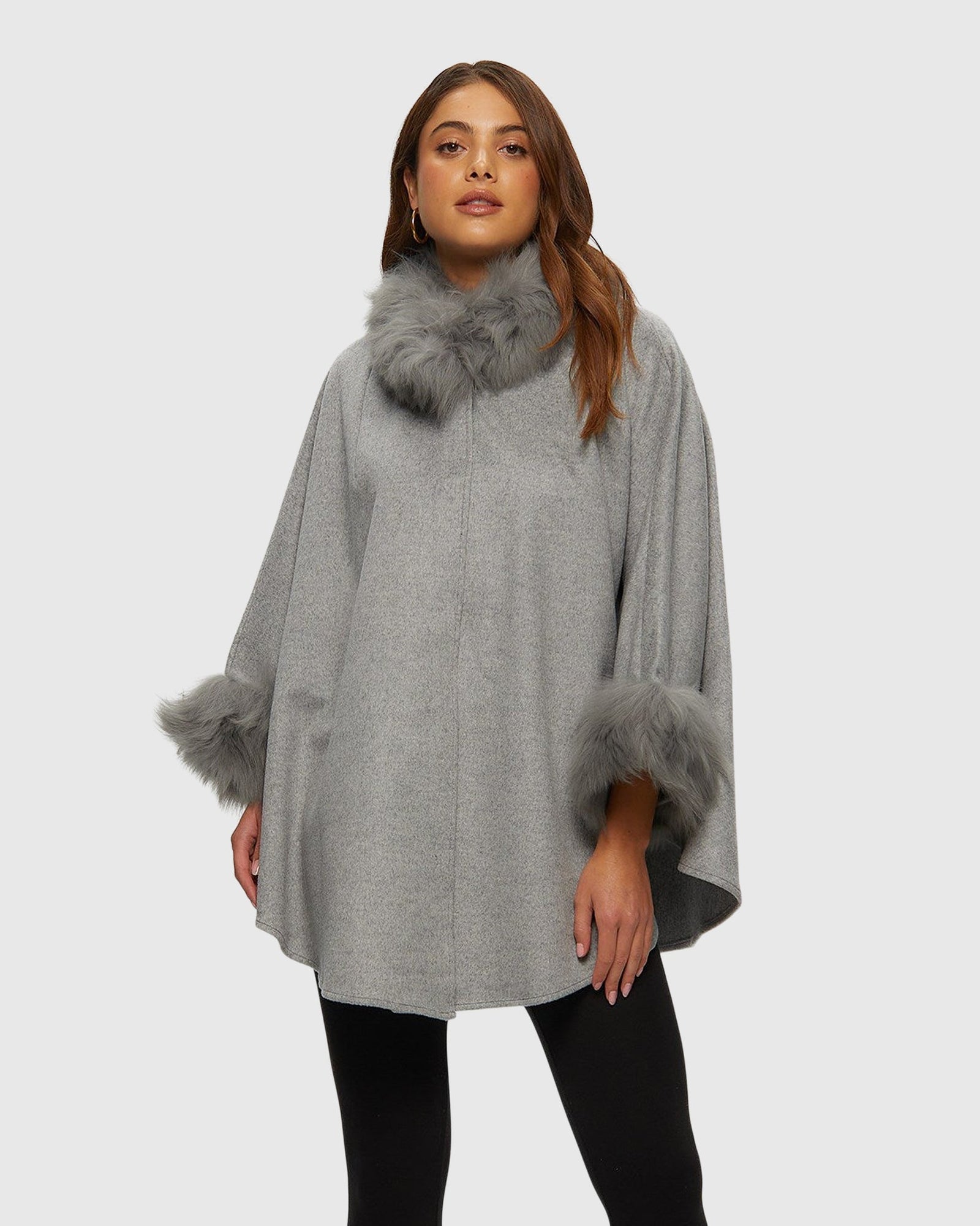 Wool And Cashmere Blend Cape With Toscana Shearling Lamb Trim | Gray