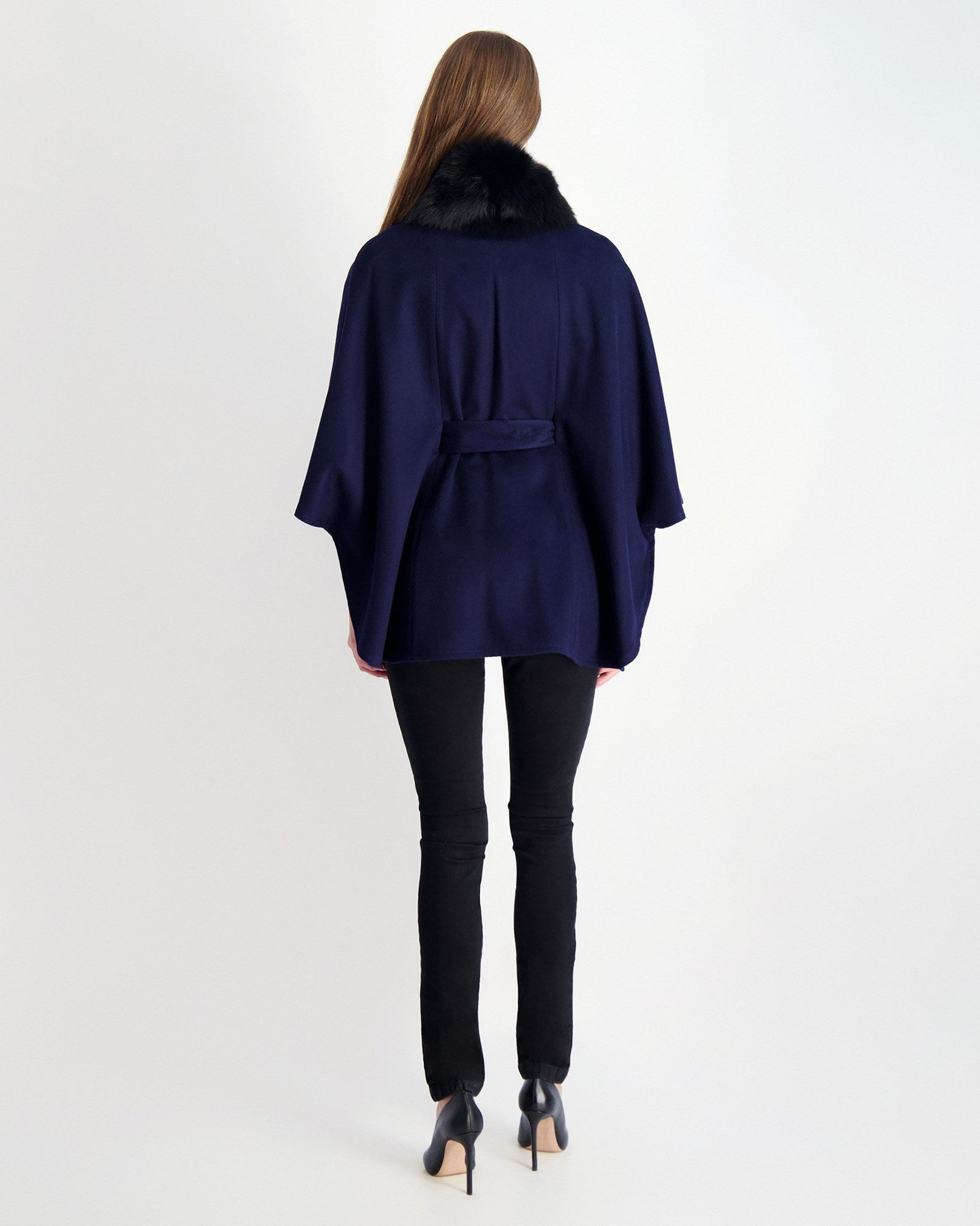 Wool Belted Cape With Fo Collar | Women | Navy x Black