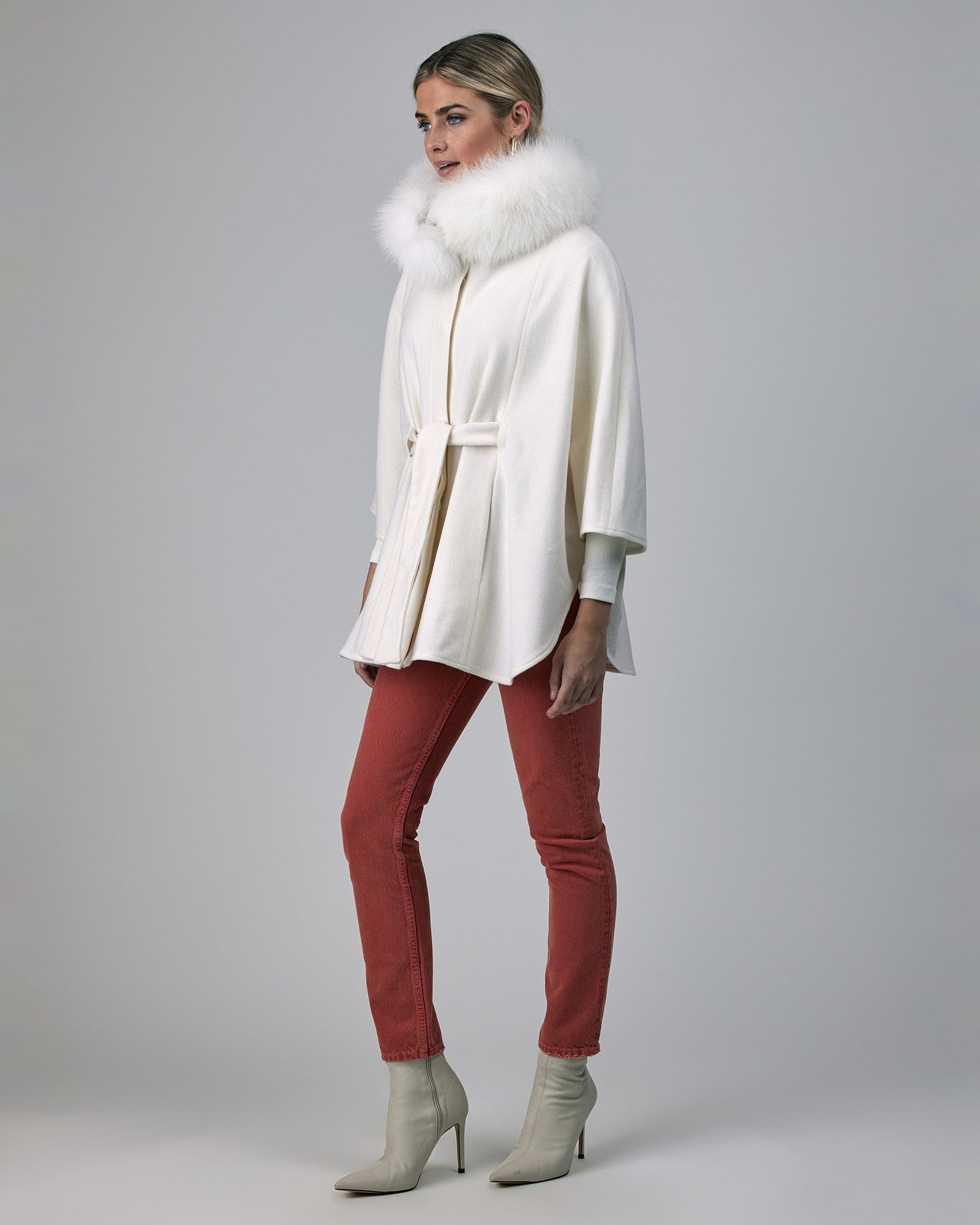 Wool Belted Cape With Shadow Fox Collar | Women | Ivory