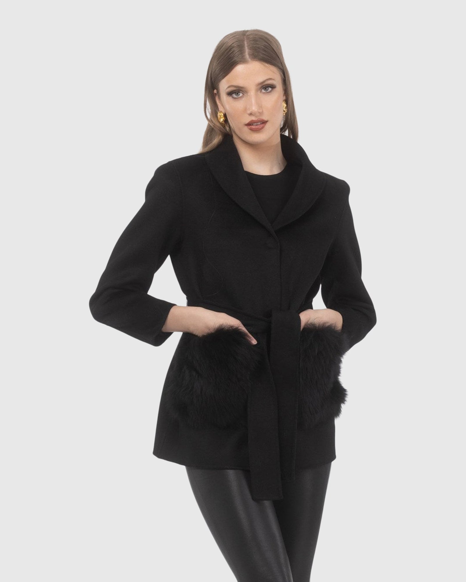 Wool Belted Jacket With Select Lamb Patch Pockets | Black