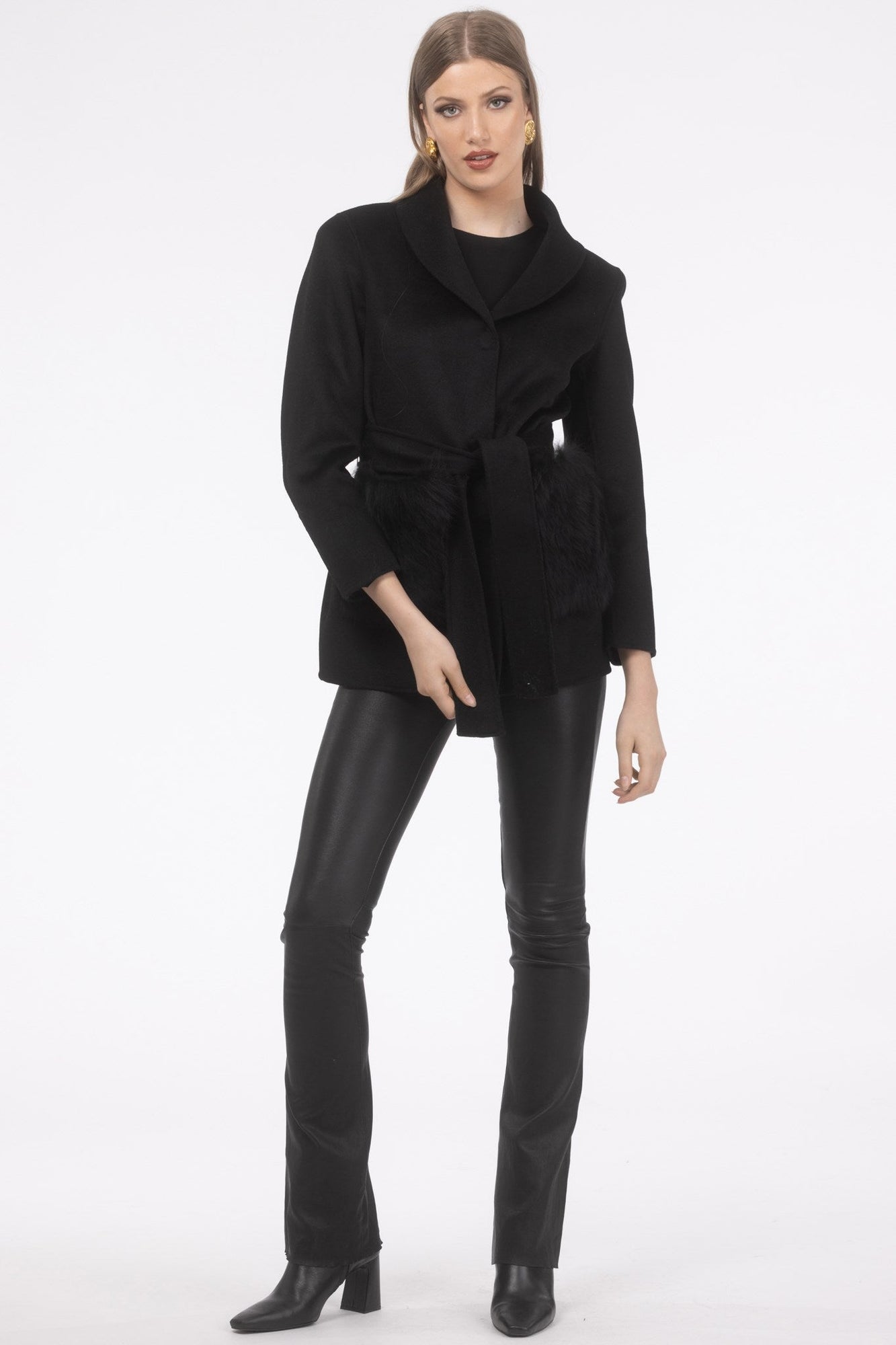 Wool Belted Jacket With Select Lamb Patch Pockets | Women | Black