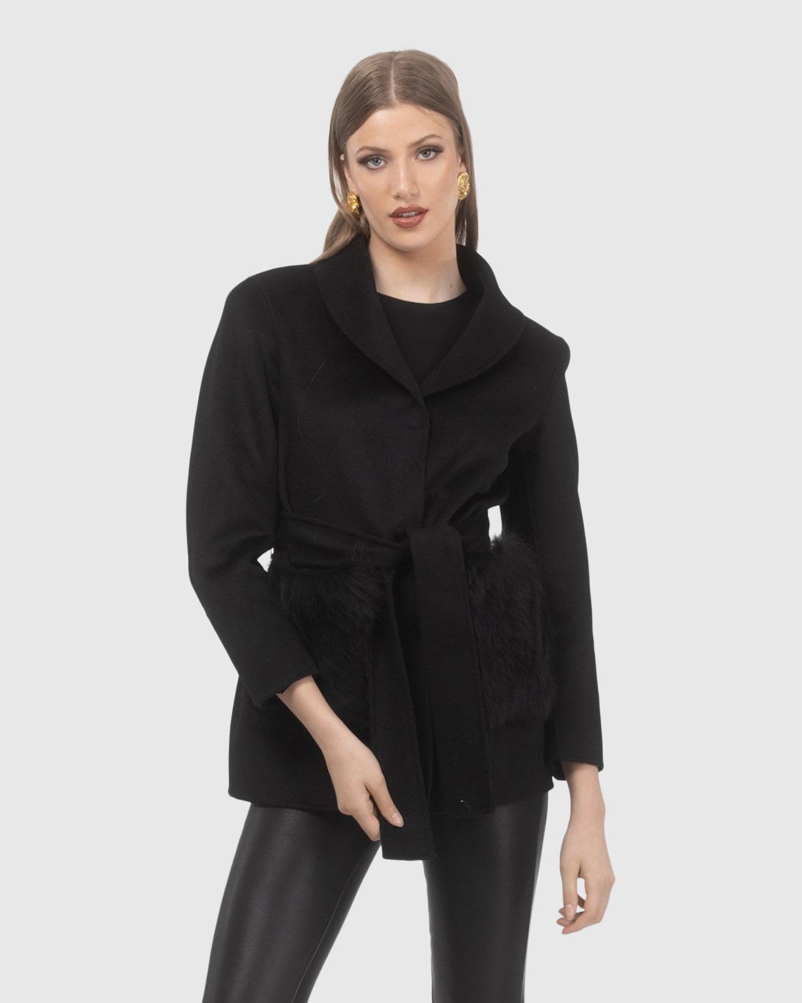 Wool Belted Jacket With Select Lamb Patch Pockets | Black