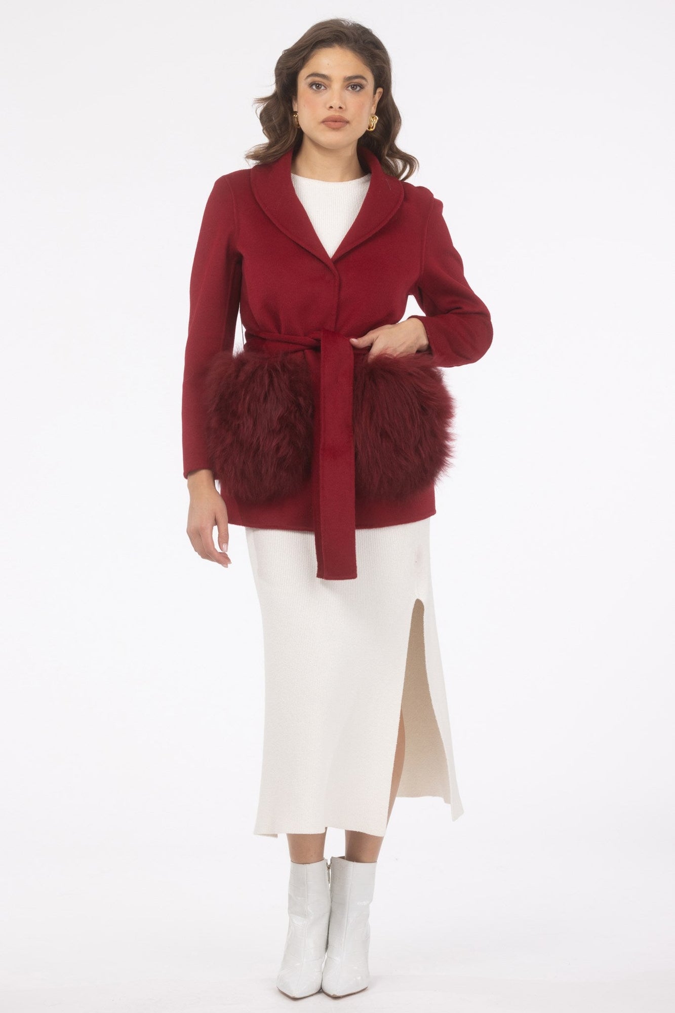 Wool Belted Jacket With Select Lamb Patch Pockets | Women | Wine