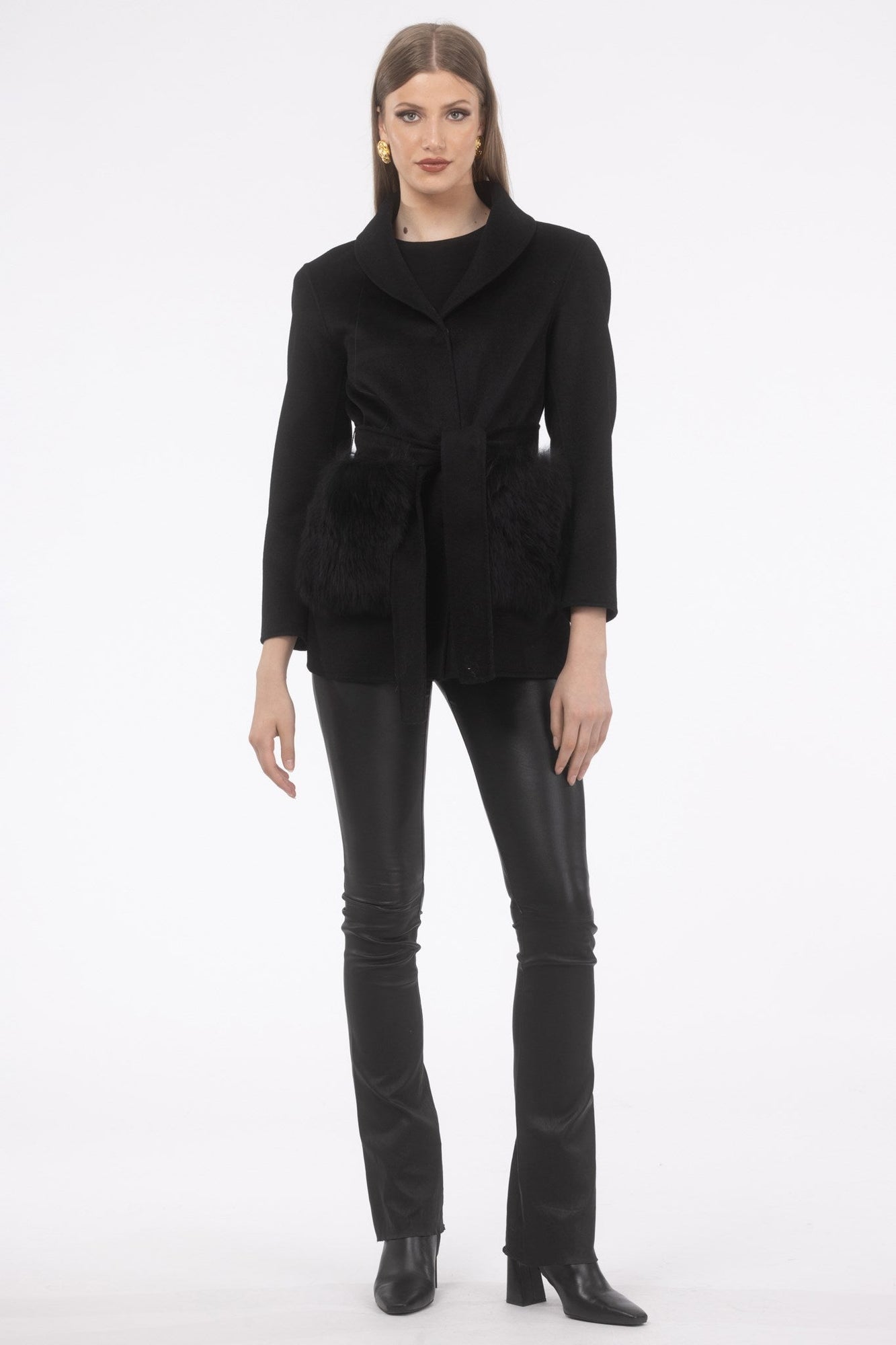 Wool Belted Jacket With Select Lamb Patch Pockets | Women | Black