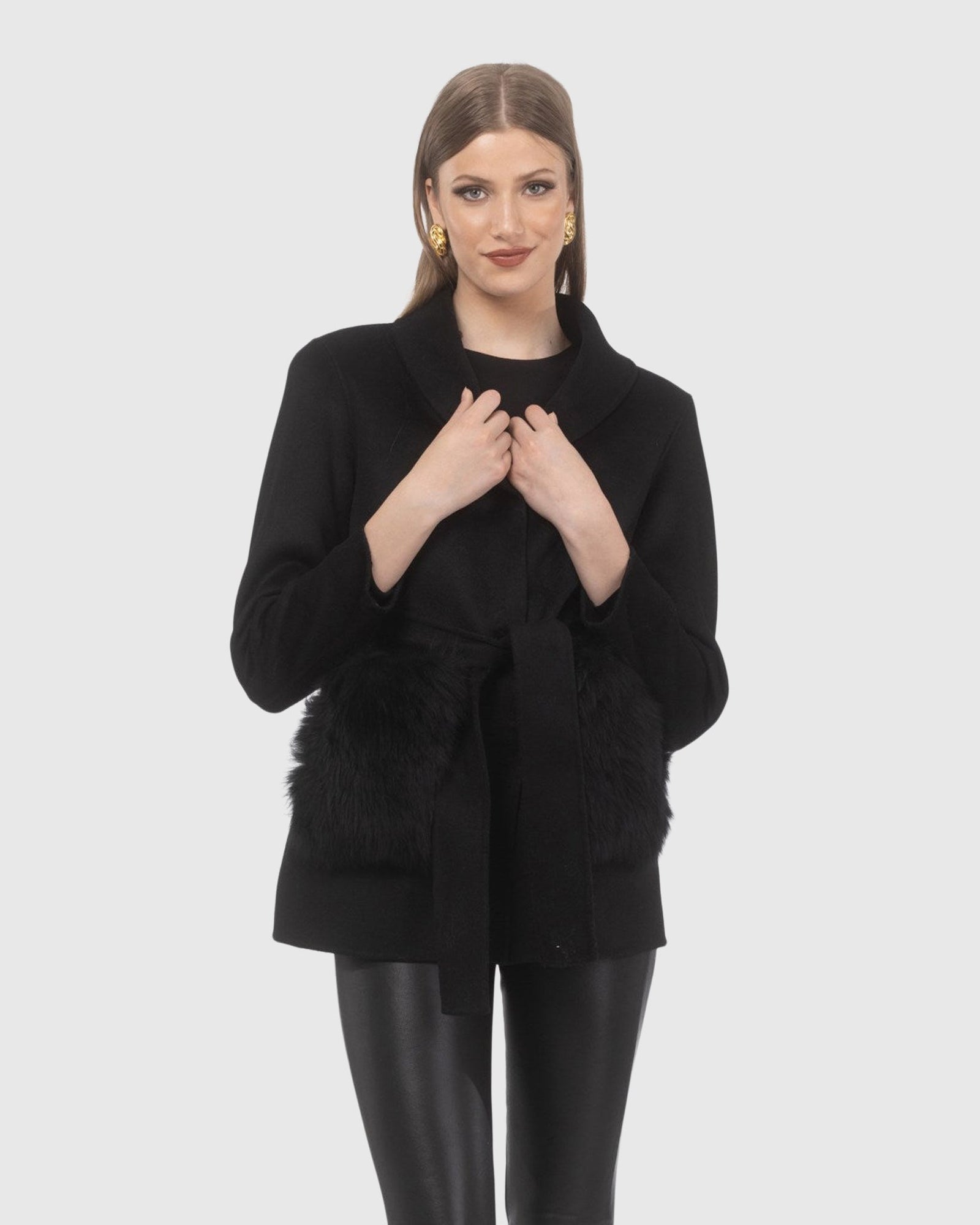 Wool Belted Jacket With Select Lamb Patch Pockets | Black