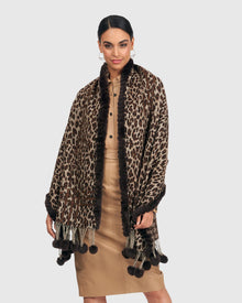 Wool Stole With Rex Rabbit Fur | Brown Animal Print/Houndstooth