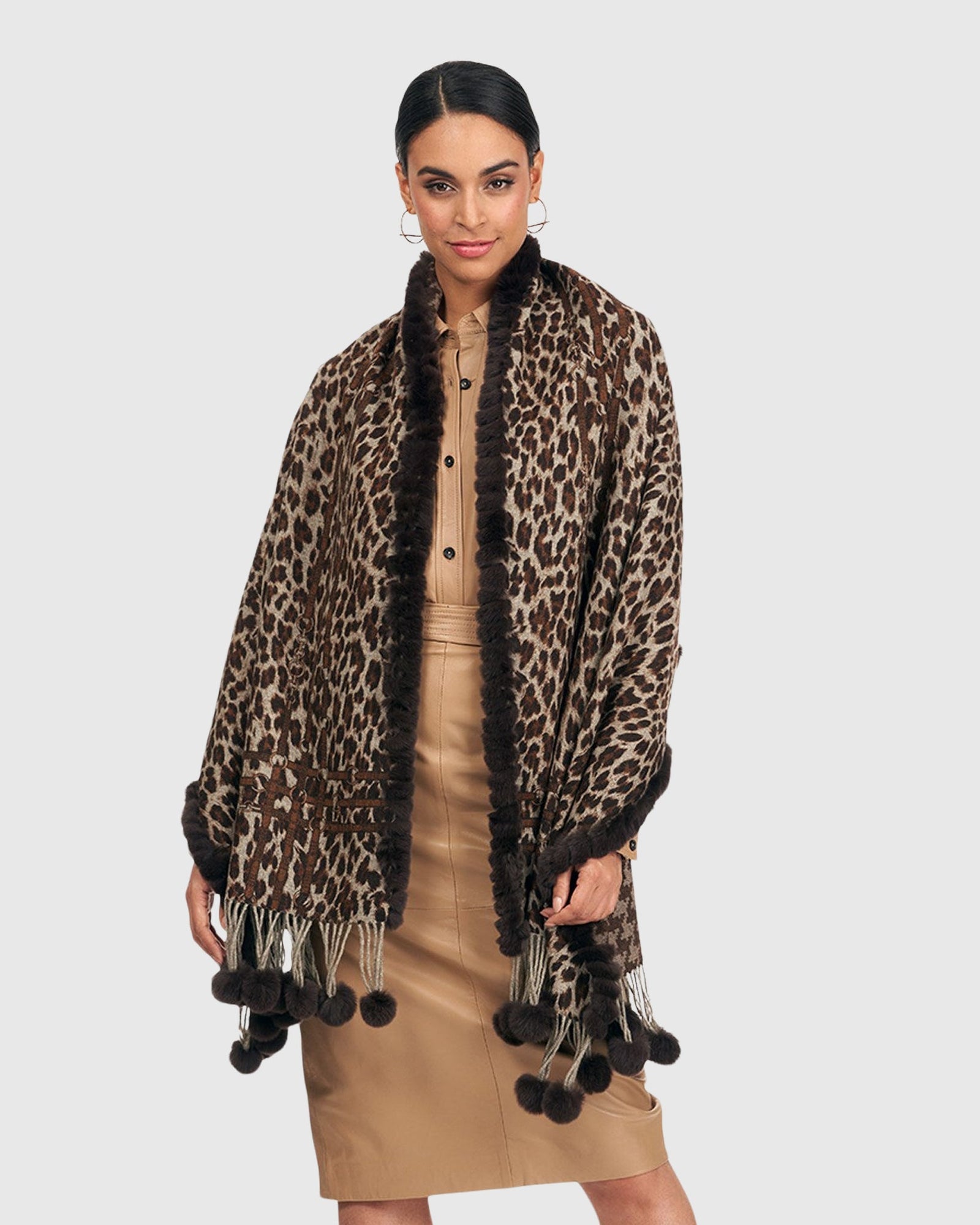 Wool Stole With Rex Rabbit Fur | Brown Animal Print/Houndstooth