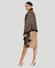 Wool Stole With Re Rabbit Fur | Women | Brown Animal Print x Houndstooth