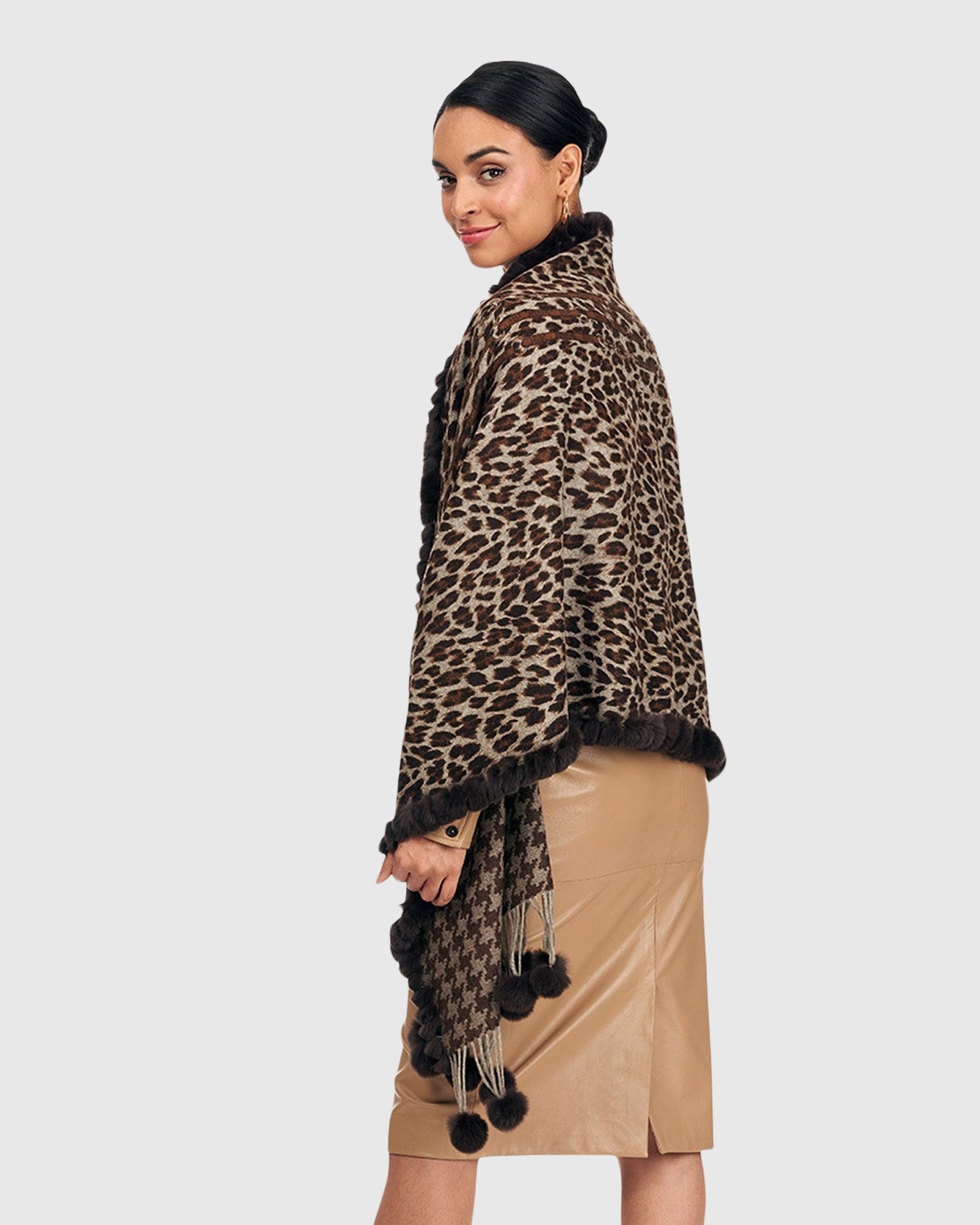 Wool Stole With Rex Rabbit Fur | Brown Animal Print/Houndstooth