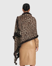 Wool Stole With Rex Rabbit Fur | Brown Animal Print/Houndstooth