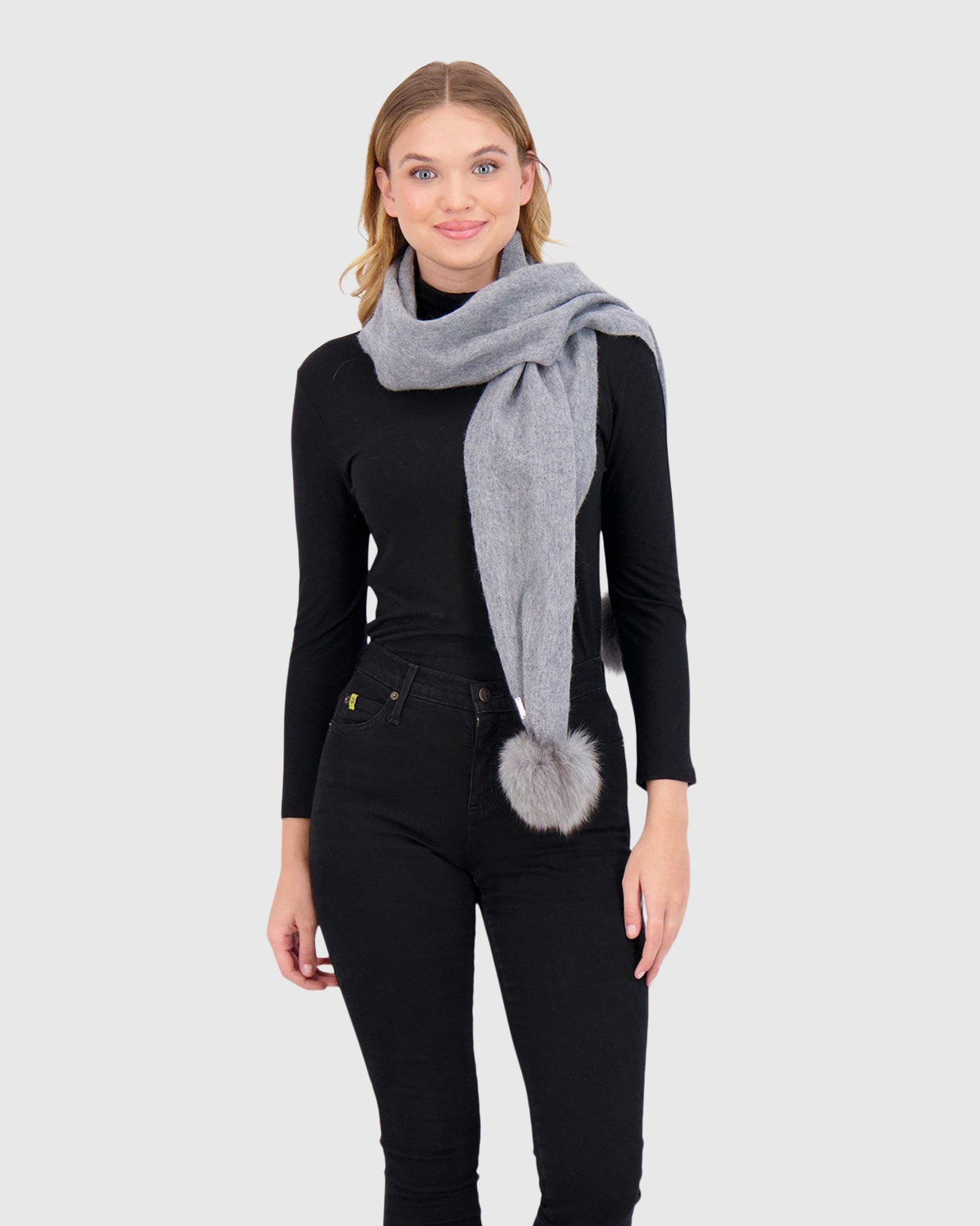 Wool Scarf With Fox Pompom | Light Gray