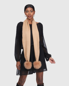 Wool Scarf With Fox Pompom | Light Camel