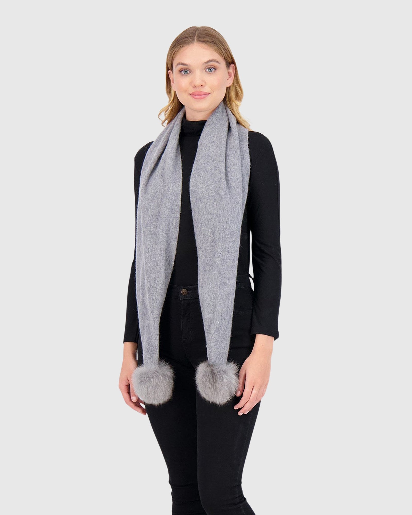 Wool Scarf With Fox Pompom | Light Gray