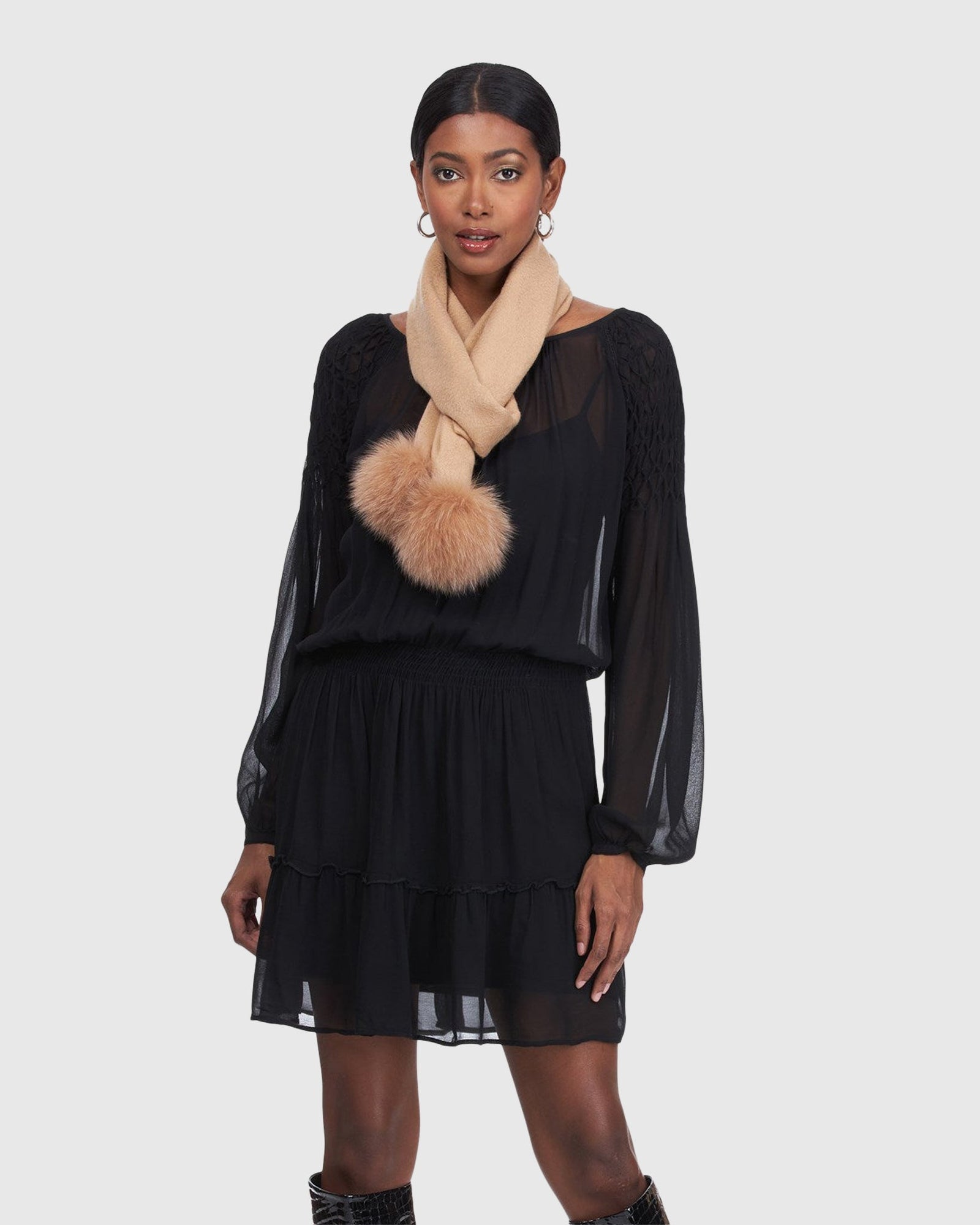 Wool Scarf With Fox Pompom | Light Camel