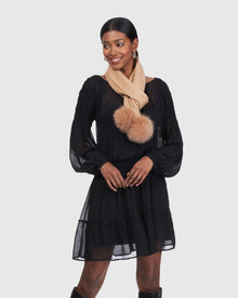 Wool Scarf With Fox Pompom | Light Camel