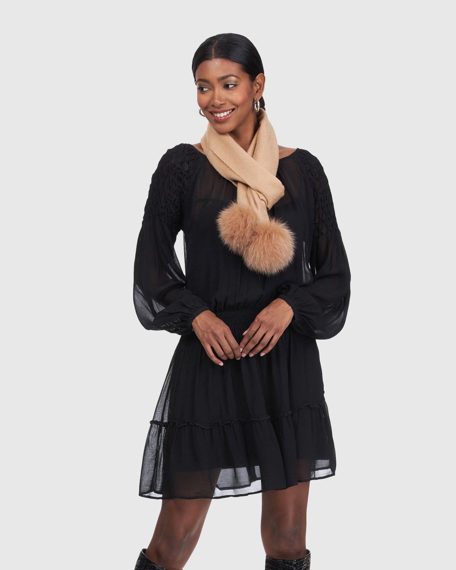 Wool Scarf With Fox Pompom | Light Camel