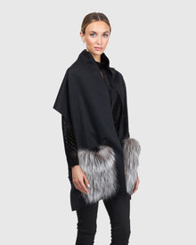 Wool Stole With Silver Fox Fur Patch Pockets | Black/Silver