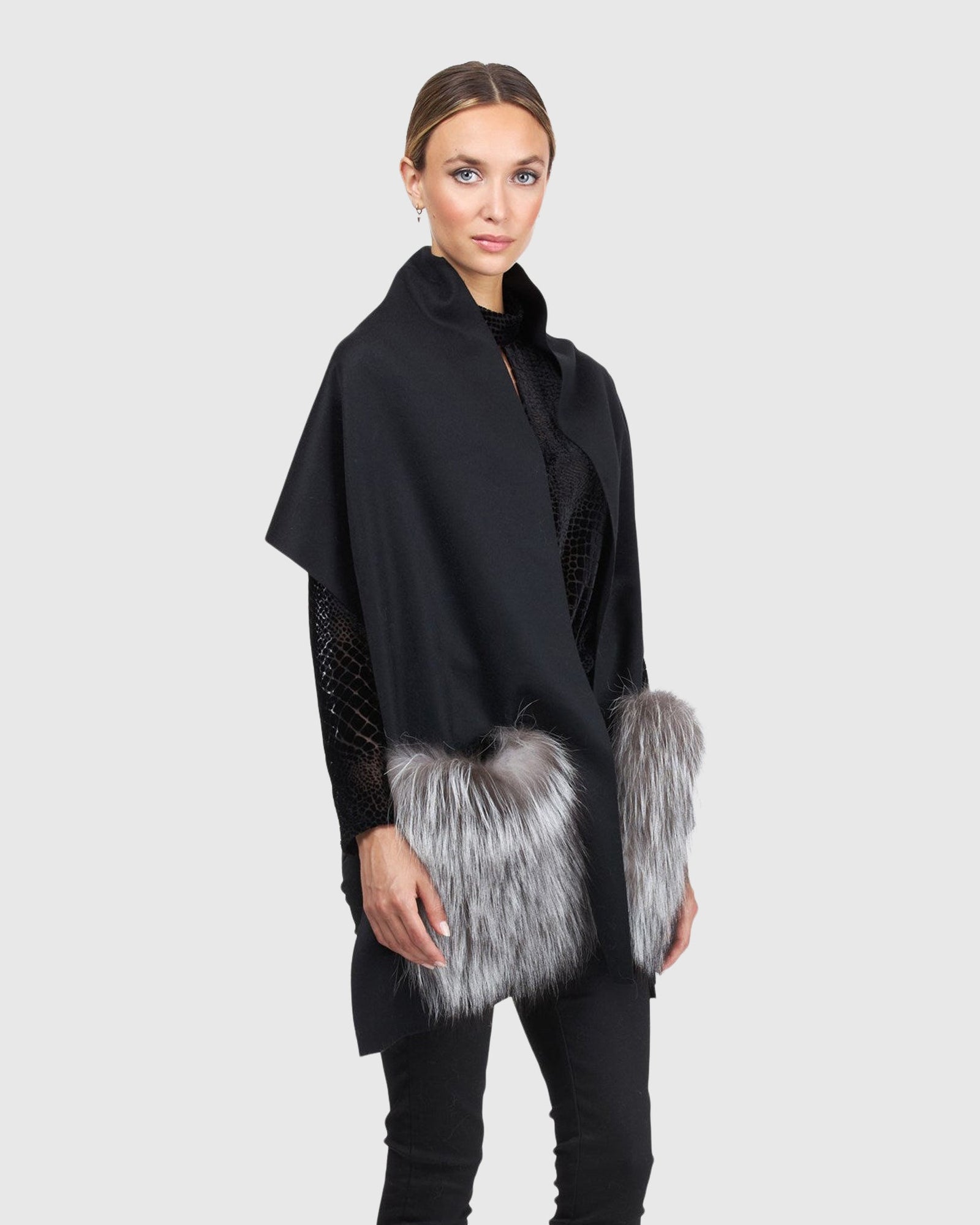 Wool Stole With Silver Fox Fur Patch Pockets | Black/Silver