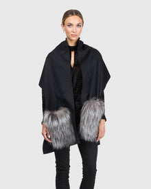 Wool Stole With Silver Fox Fur Patch Pockets | Black/Silver
