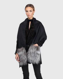Wool Stole With Silver Fox Fur Patch Pockets | Black/Silver