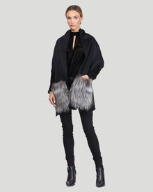 Wool Stole With Fo Fur Patch Pockets | Women | Black x Silver