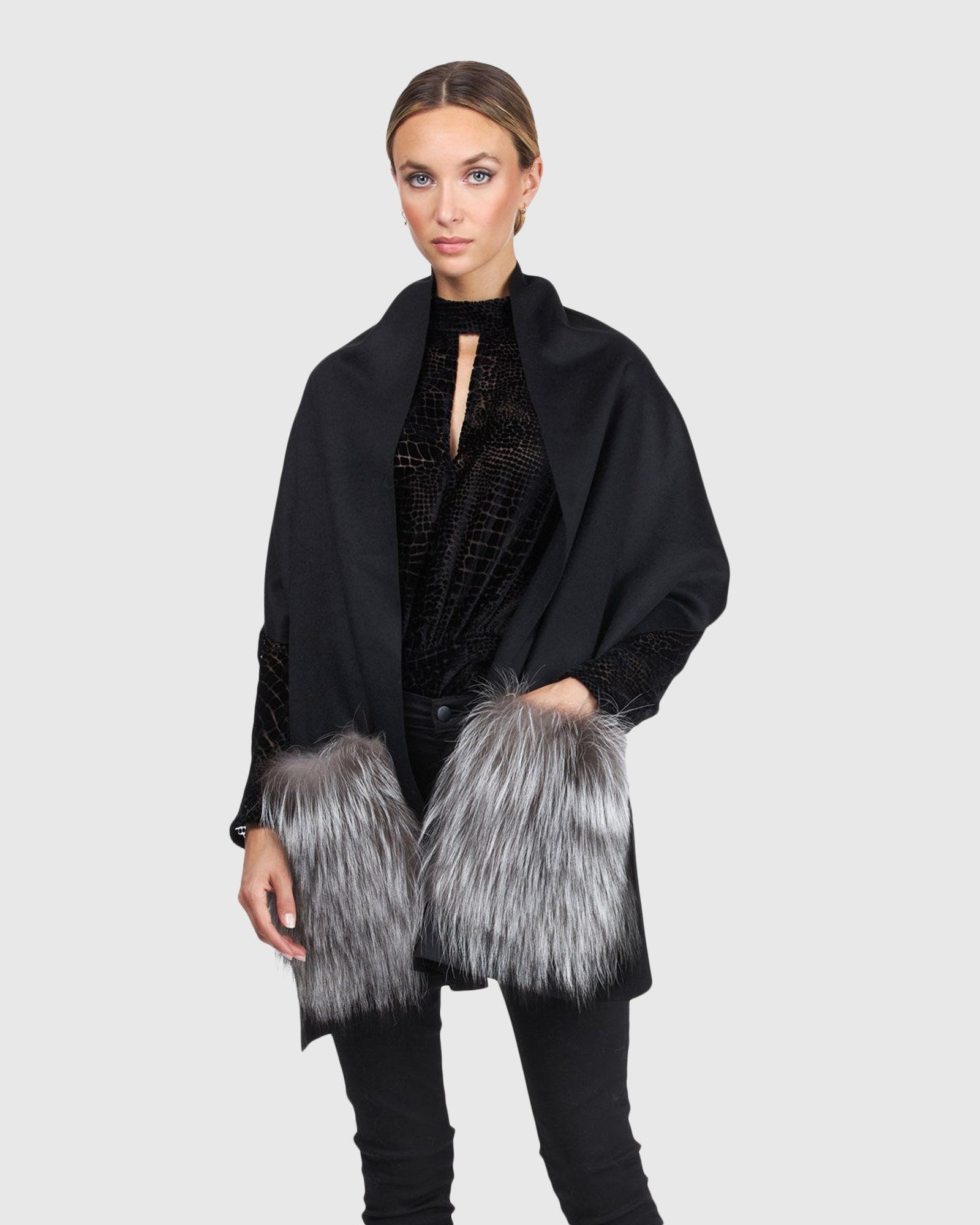 Wool Stole With Silver Fox Fur Patch Pockets | Black/Silver