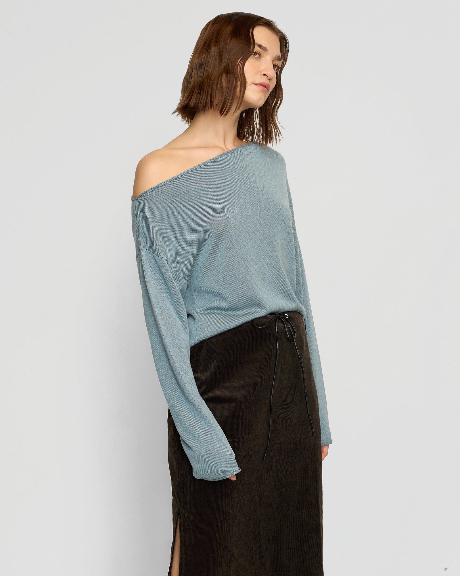 Helena | Hachi Tencel-Wool Off-Shoulder Sweater in Size Small