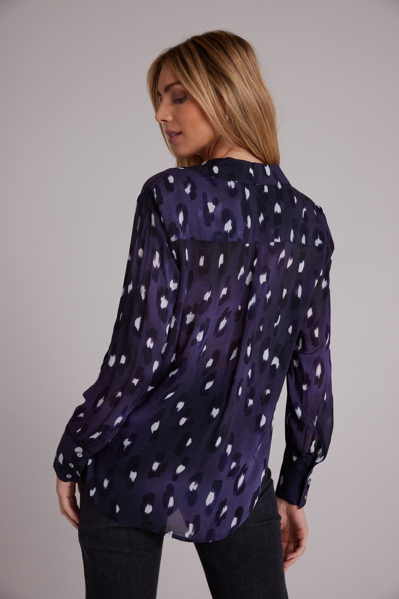 Hidden Placket Button Down Shirt - Amethyst Spots Print