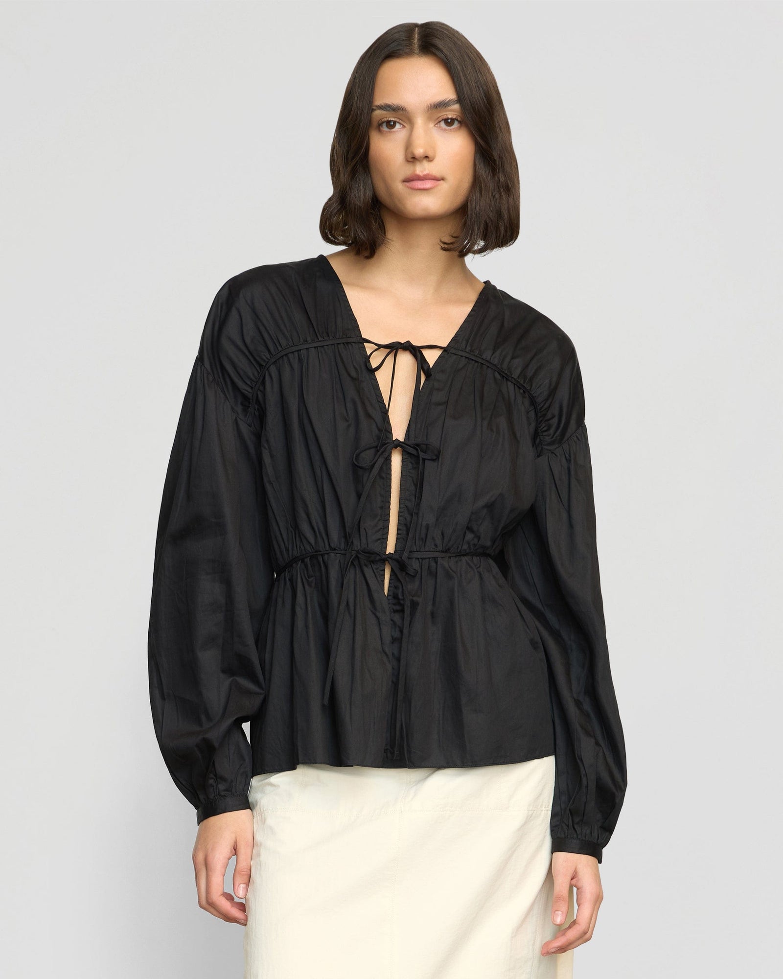 Hira Tie-Front Organic Cotton Blouse | Black
