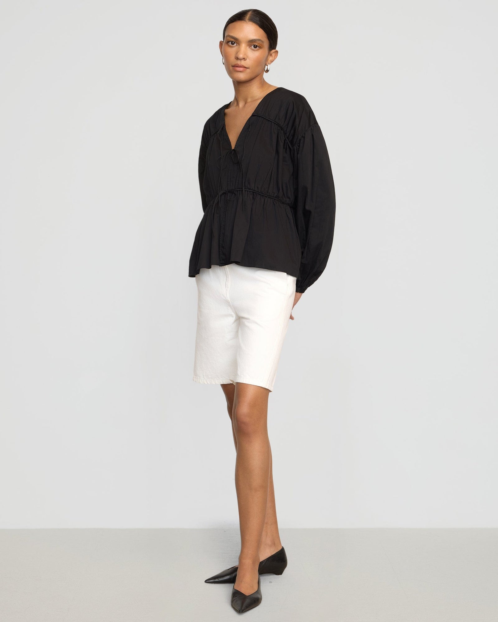 Hira Tie-Front Organic Cotton Blouse | Black