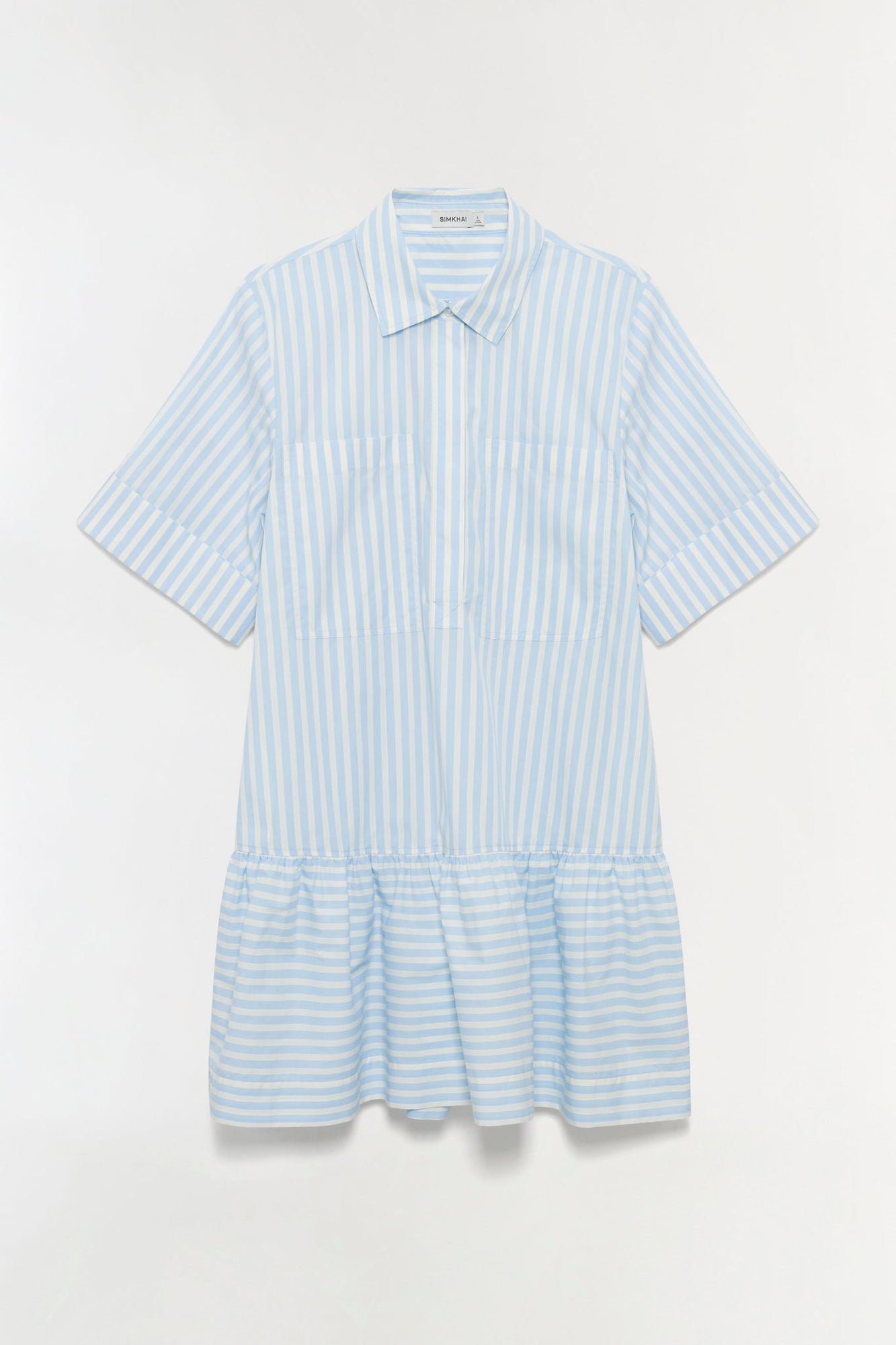 Light blue and white striped cotton shirt dress with collar, short sleeves, and gathered ruffle hem.