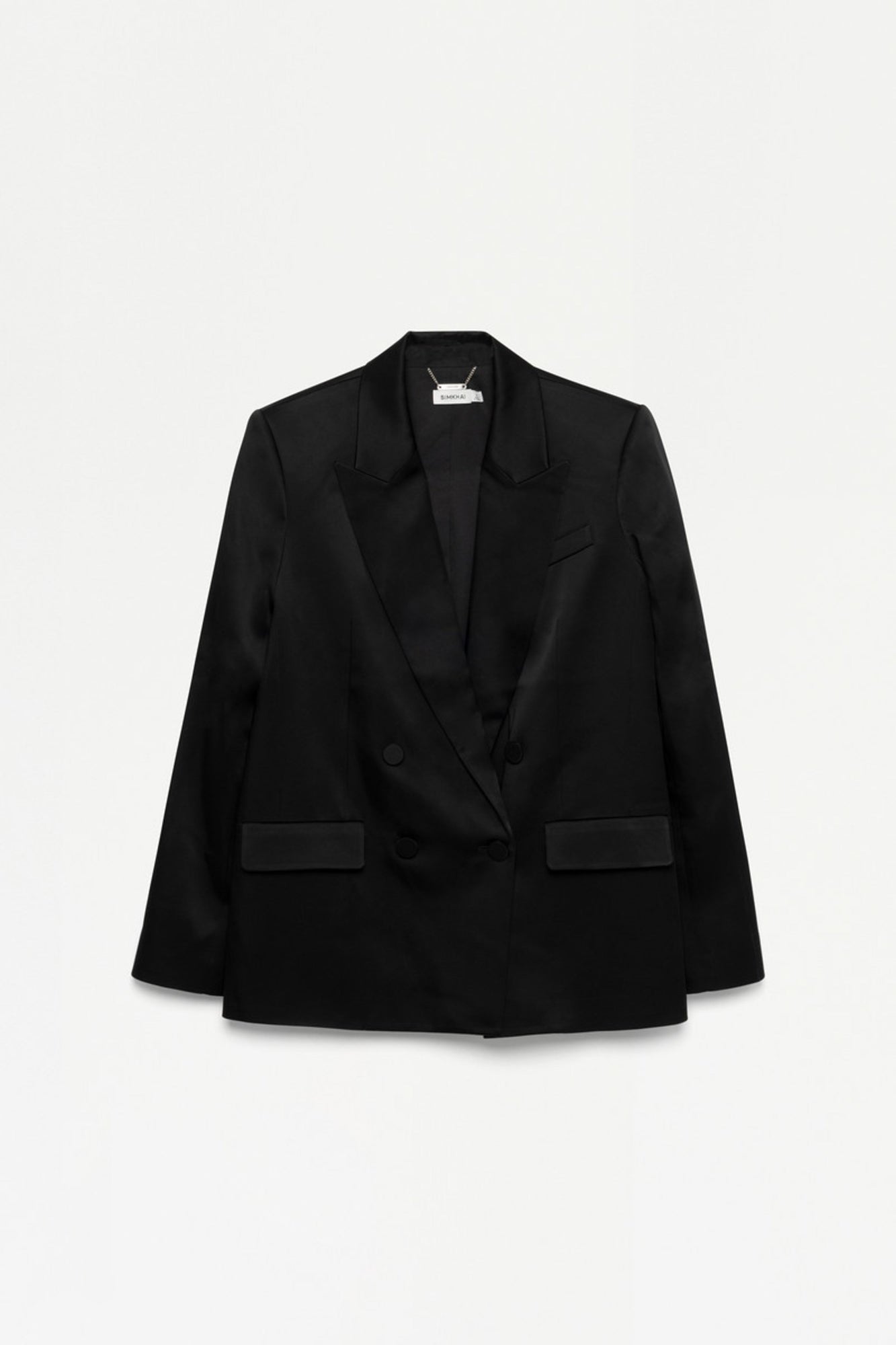 Black double-breasted blazer with notch lapels and flap pockets displayed on neutral background.
