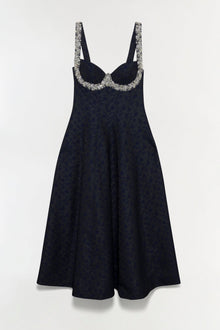Navy jacquard midi dress with sweetheart neckline, rhinestone-embellished collar, and full A-line skirt.
