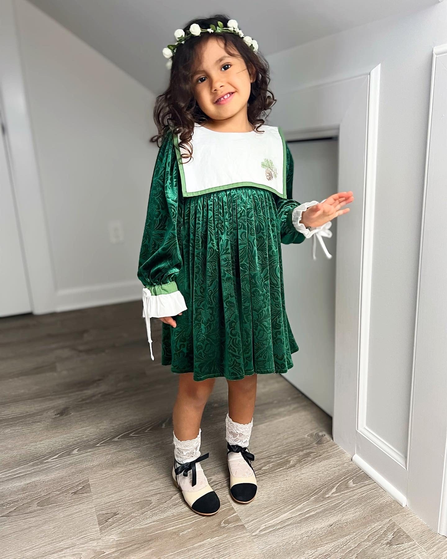 Baby Girls | Everly Damask Velour Dress | Green