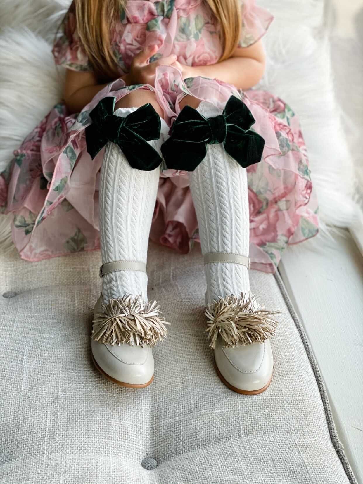 Knee High Socks Bow | Royal Green & White