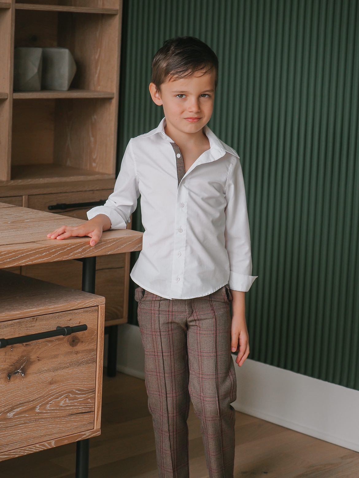 Boy | Blair Estate Tweed Shirt and Pants Set | White x Brown