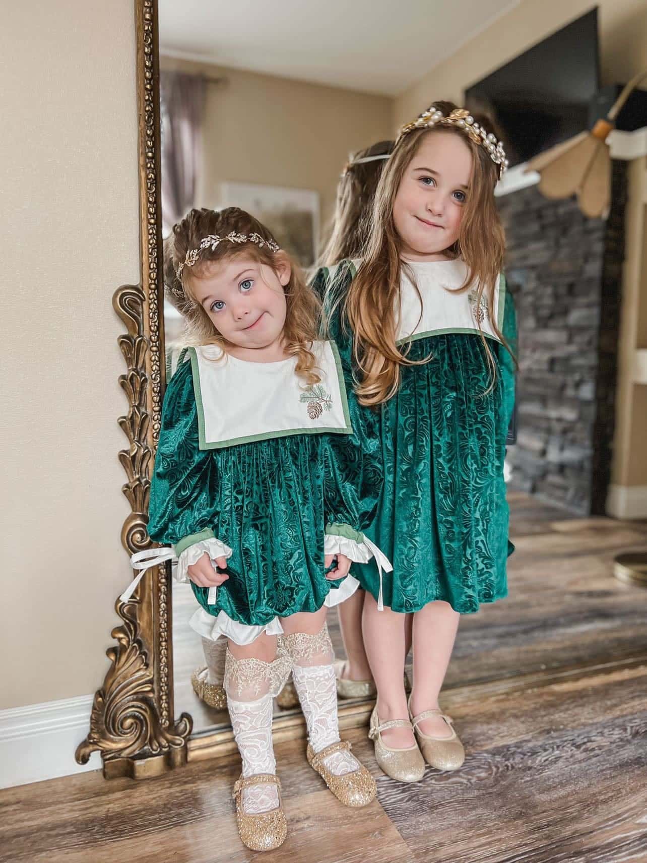 Baby Girls | Everly Damask Velour Dress | Green
