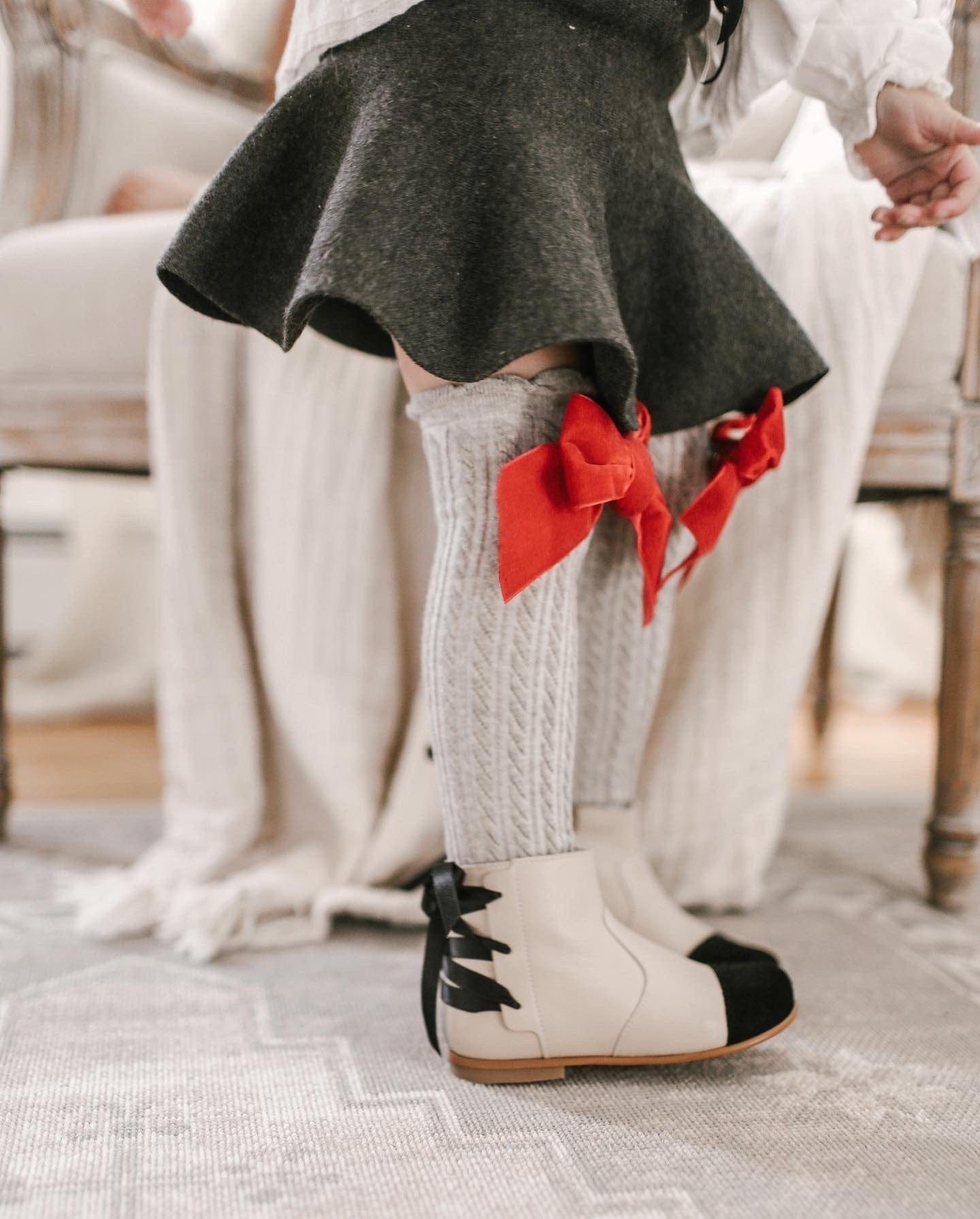 Knee High Socks with Velvet Bows | Grey & Red
